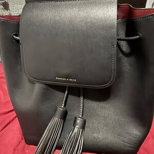 CHARLES & KEITH Black Leather Drawstring Tote with Tassels